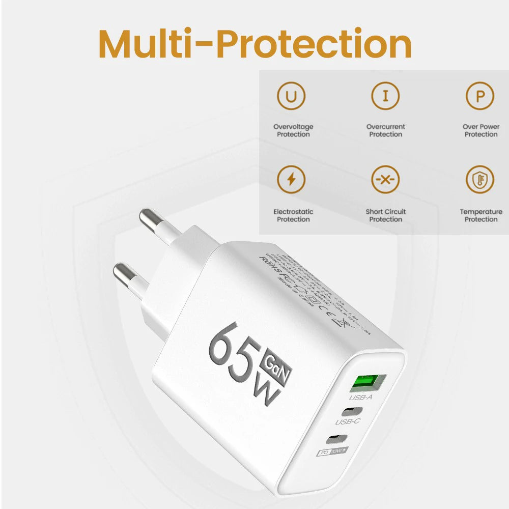 65W GaN 3-Port Fast Charger USB-C PD3.0 QC3.0 EU/US/KR GaN Wall Charger QXL