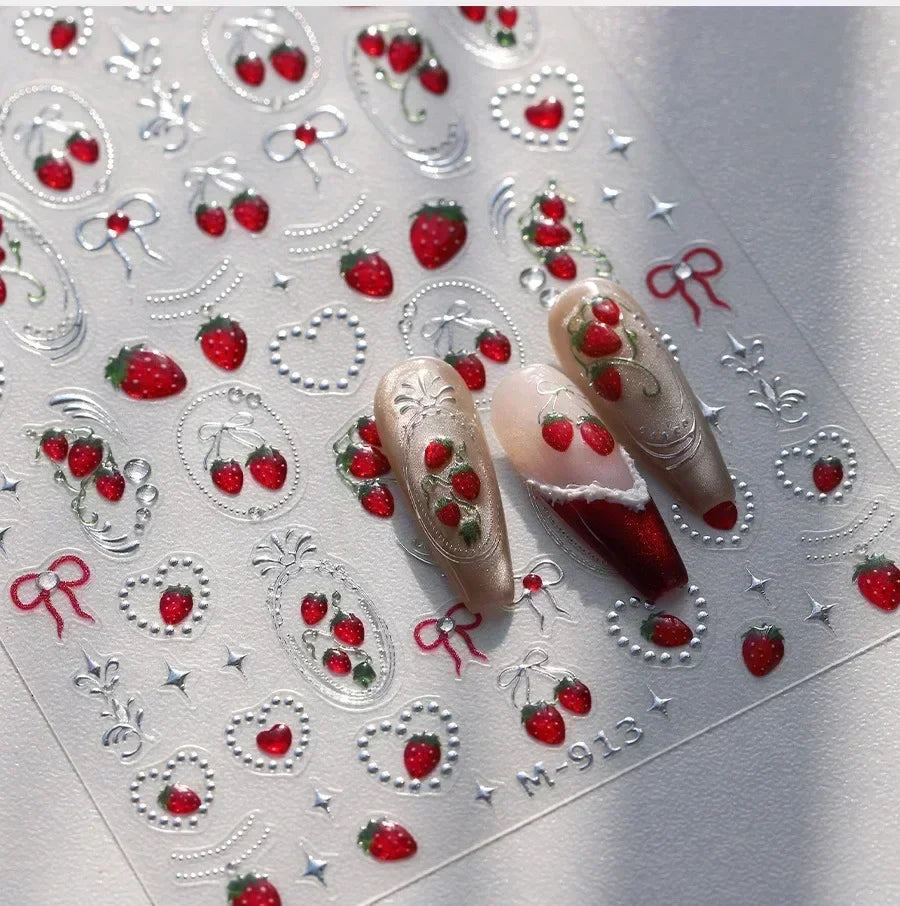 5D Nail Art Stickers – Strawberry Cherry Hearts & Bowknot Decals Nail Art Stickers QXL