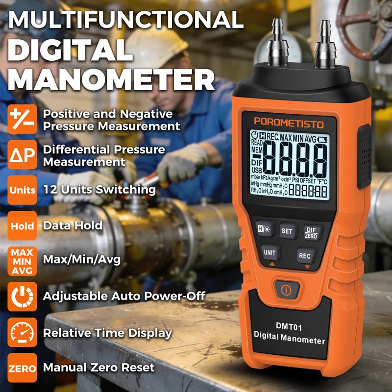 POROMETISTO DMT01 Digital Manometer | 12-Unit Dual Port Gauge Digital Manometer QXL