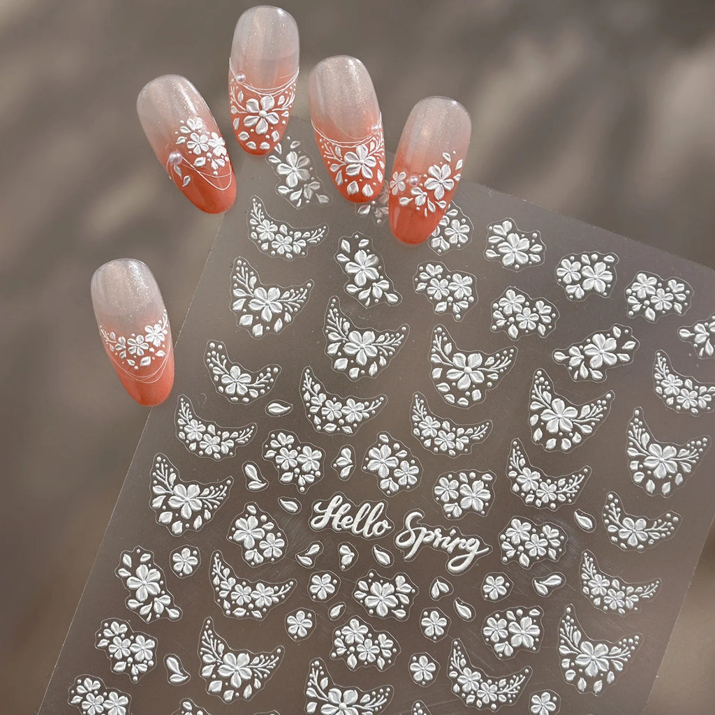 5D White Floral Nail Stickers | Self-Adhesive Spring Decals Nail Art Stickers QXL