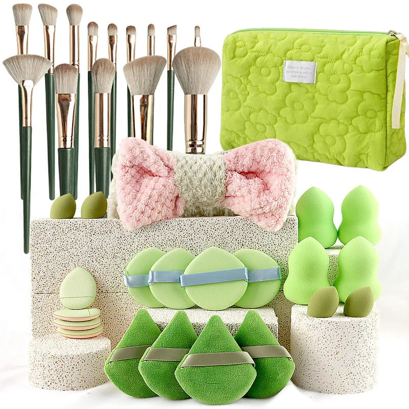 35-Piece Makeup Brush Set with Tools & Bag – Green Combo Makeup Brush Set QXL green