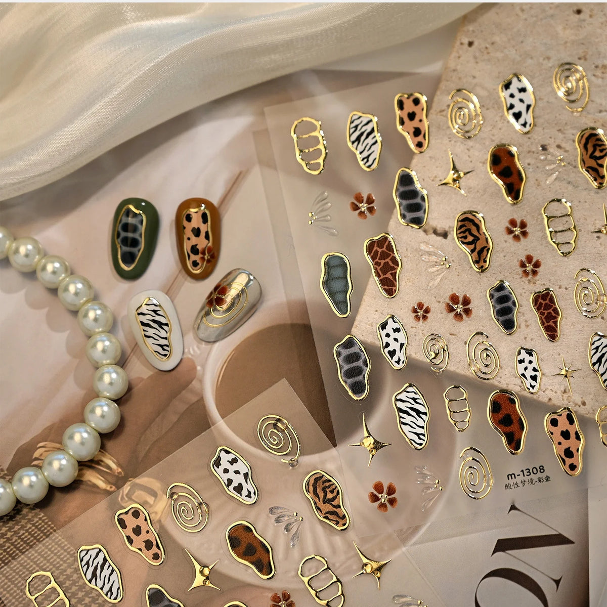 5D Retro Animal Skin Nail Stickers | Gold Border Star Flower Decals Nail Art Stickers QXL