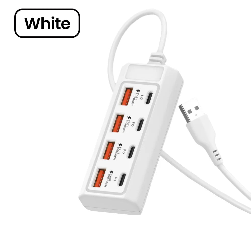 8-in-1 USB Charging Station 25W PD Multi-Port Desktop Hub Multi-Port USB Charger QXL 4U4C WHITE