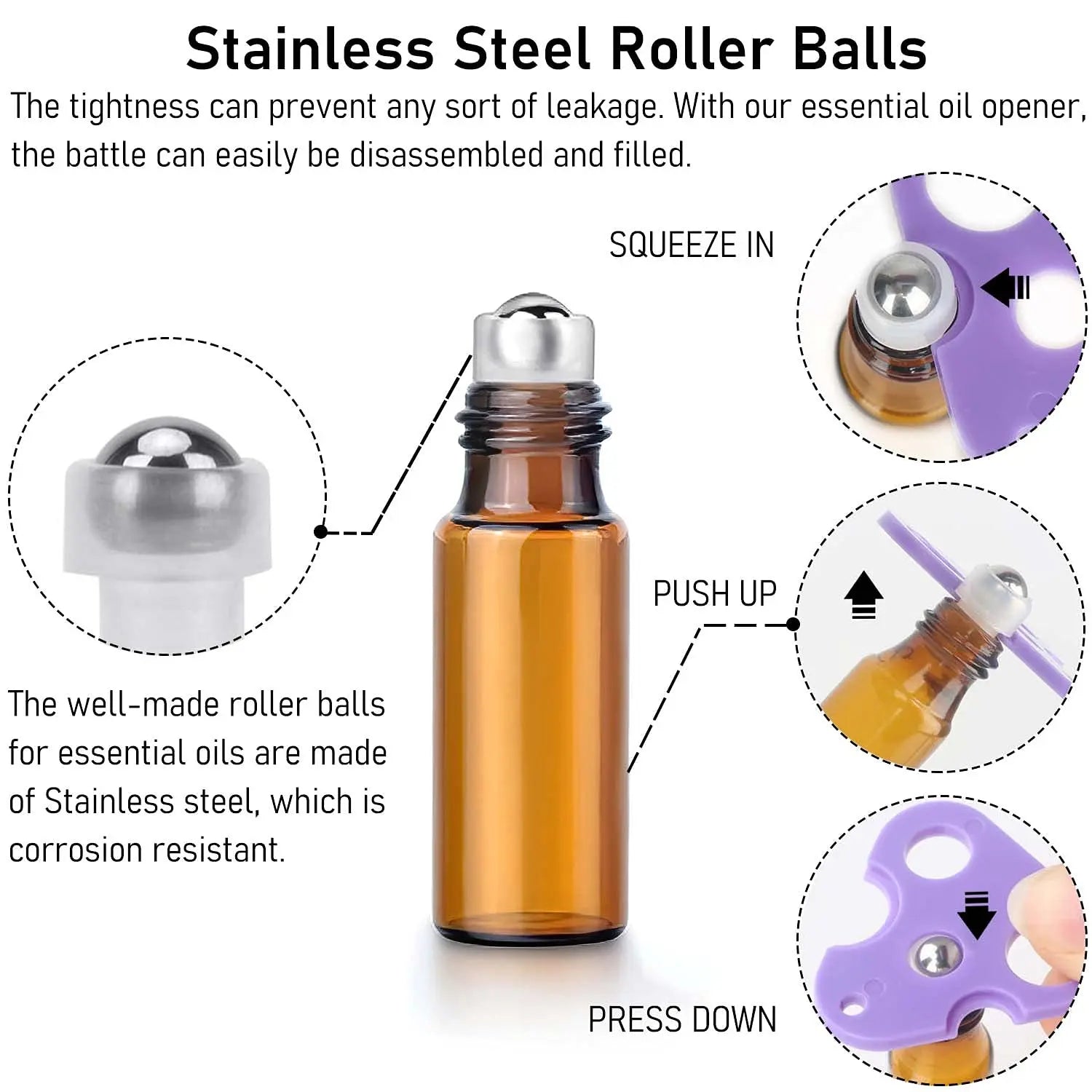 10-Pack Amber Glass Roll-On Bottles | Steel Roller & Black Cap Roll-On Bottles QXL