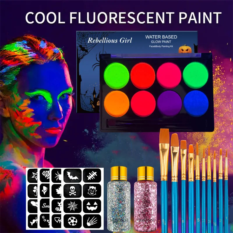 UV Glow Face & Body Paint Set | 8 Colors + Brush, 5-Pack UV Face Body Paint QXL SRXYC-8-TZ-10-0103