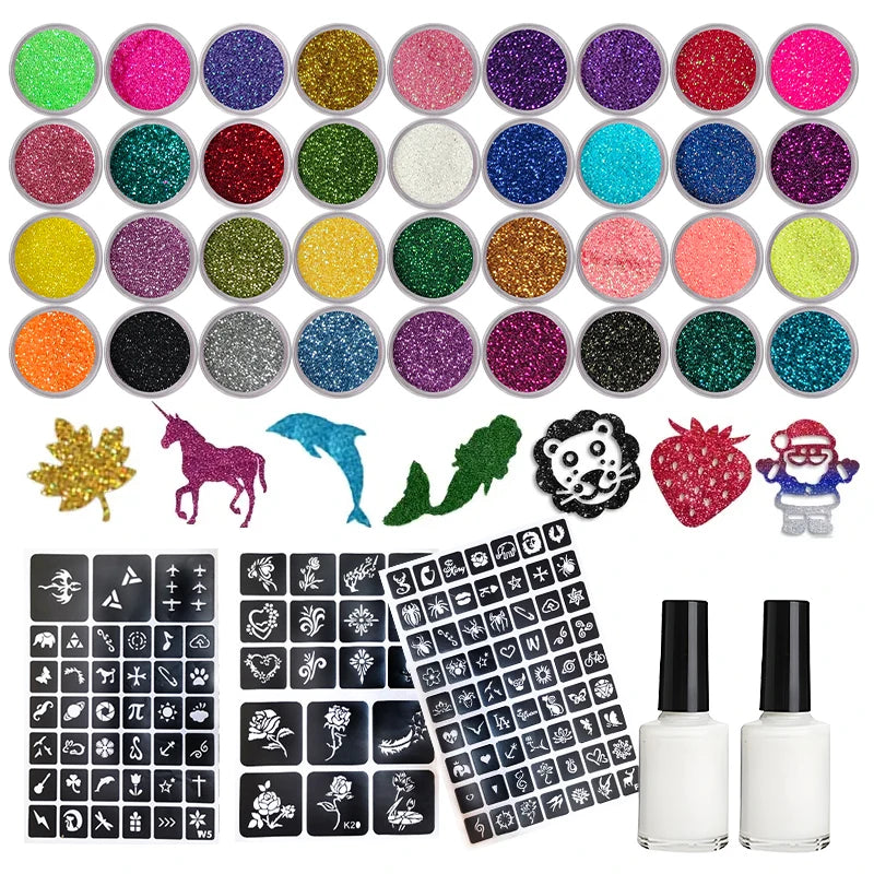 DIY Glitter Tattoo Kit – 36 Colors, Templates & Brushes Glitter Tattoo Kit QXL 6pcs