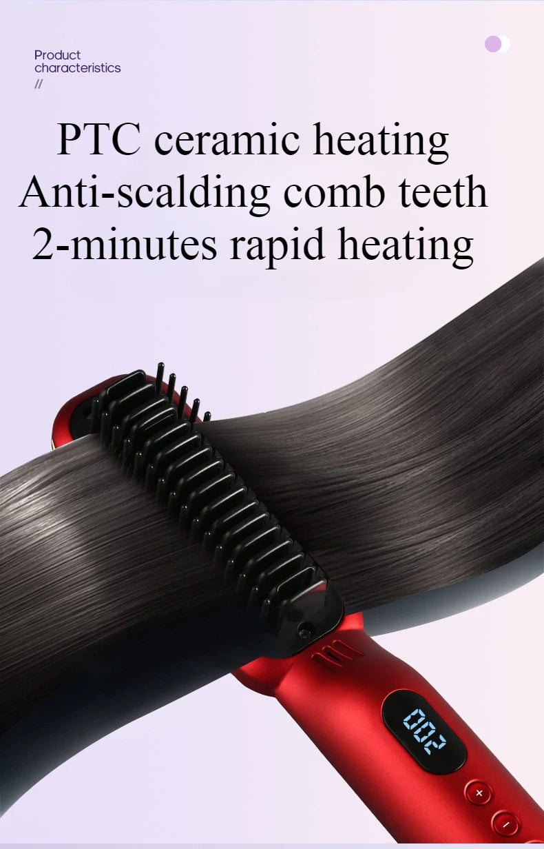 Wireless Negative Ion Hair Straightener & Curling Comb | LED Screen Cordless Hair Styler QXL