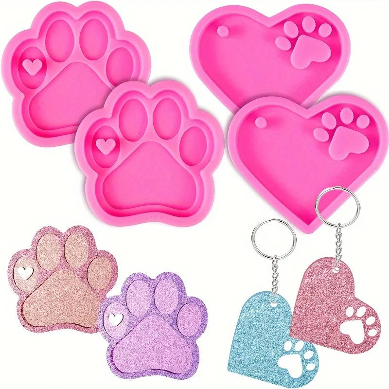 Dog Paw Heart Silicone Resin Molds + 10 Keyrings | DIY Tag Kit Silicone Resin Mold QXL
