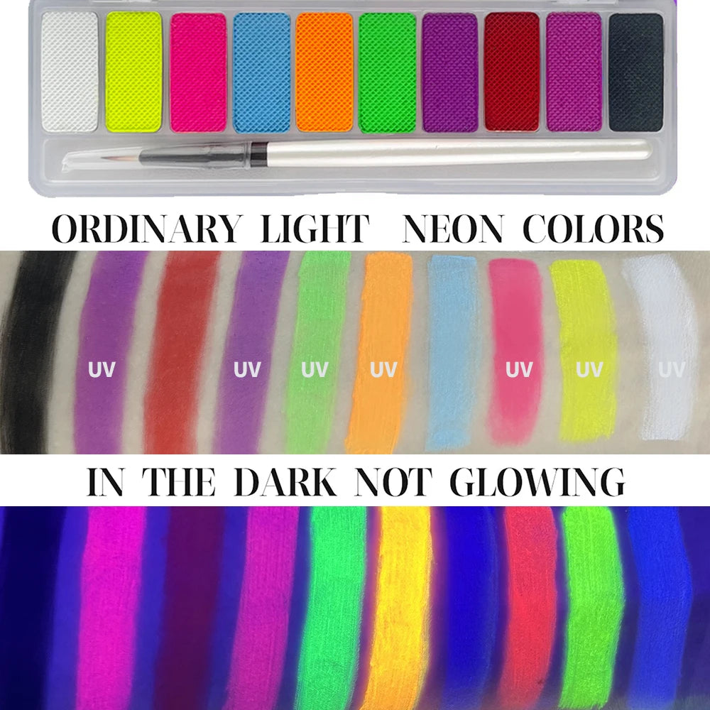 VERONNI 10-Color UV Glow Neon Face & Body Paint Set + Brush UV Glow Body Paint QXL