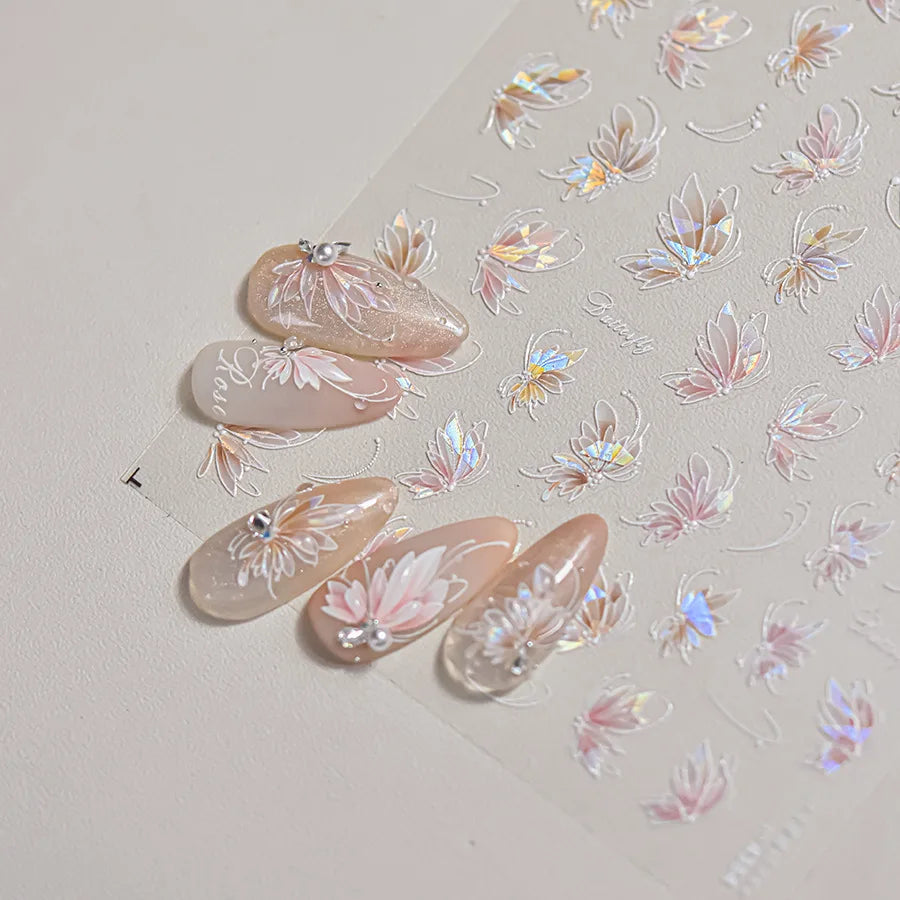 5D Butterfly Flower Nail Stickers | Rhinestone Pearl Decals Nail Art Stickers QXL