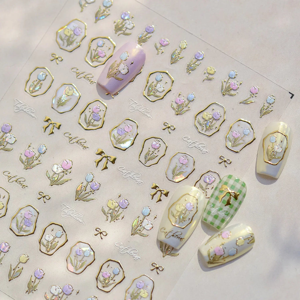 5D Floral Nail Stickers | Gold Leaf Tulip Manicure Decals Nail Art Stickers QXL