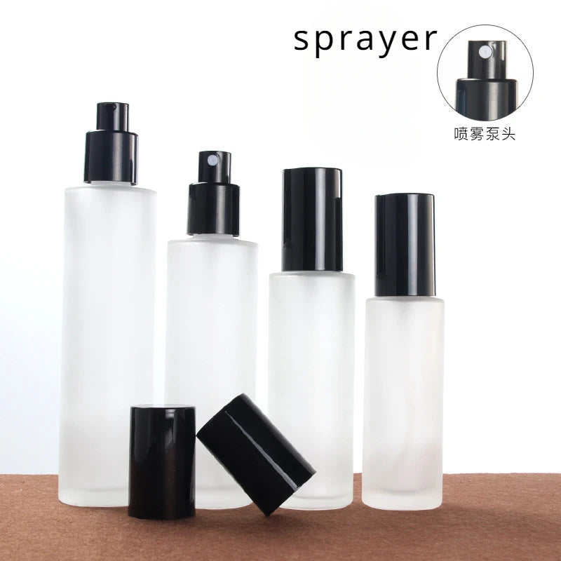 Frosted Glass Cosmetic Bottles & Cream Jars | Black Lid Cosmetic Glass Bottle QXL with sprayer 80ml Glass