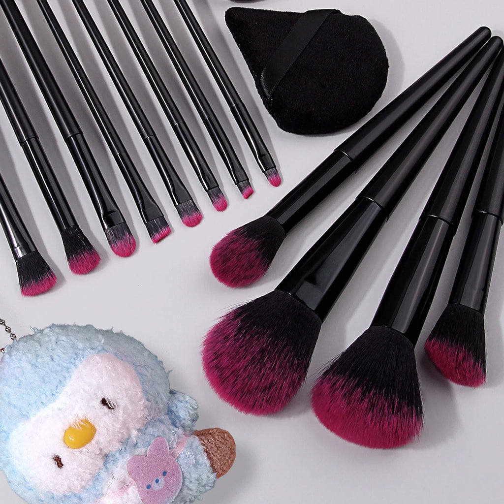 KOSSHOW 16-Piece Makeup Brush Set with PU Bag | Pink & Black Makeup Brush Set QXL