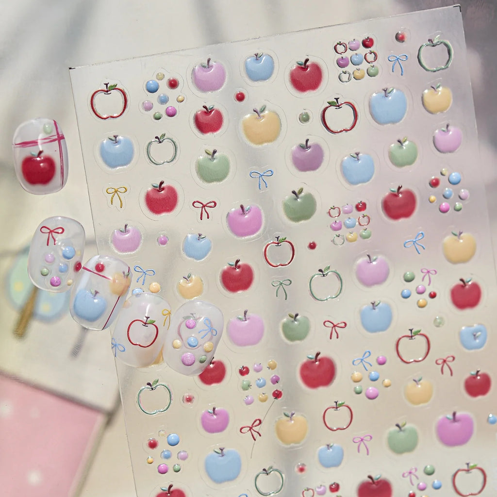 5D Gradient Apple & Bow Nail Stickers | Summer Decals Nail Art Stickers QXL