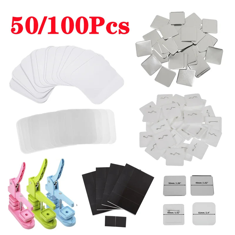 100-Pack 50mm Square DIY Fridge Magnet Badge Button Parts Set DIY Badge Making Kit QXL
