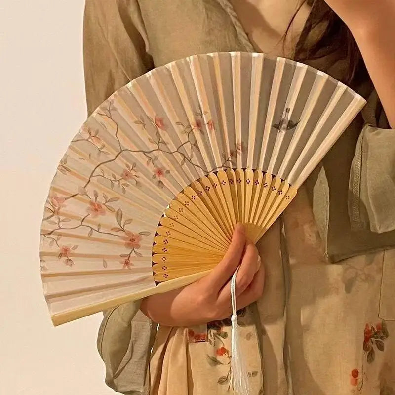 Chinese Bamboo Folding Fan | Silk Flower Dance & Decor Prop Folding Hand Fan QXL