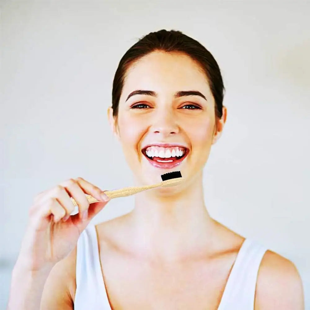 5-Pack Eco Bamboo Toothbrushes | Charcoal Bristles Adult Bamboo Toothbrush Set QXL