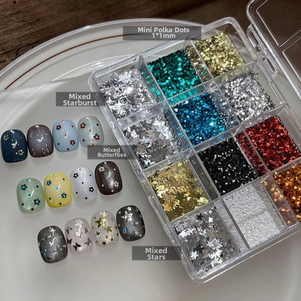 12-Grid Nail Art Sequins Kit | Glitter Flakes Stars & Dots Nail Art Glitter Set QXL