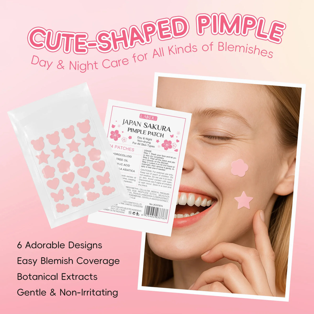LAIKOU Sakura Hydrocolloid Pimple Patches – 24 Cute Shapes Pimple Patches QXL