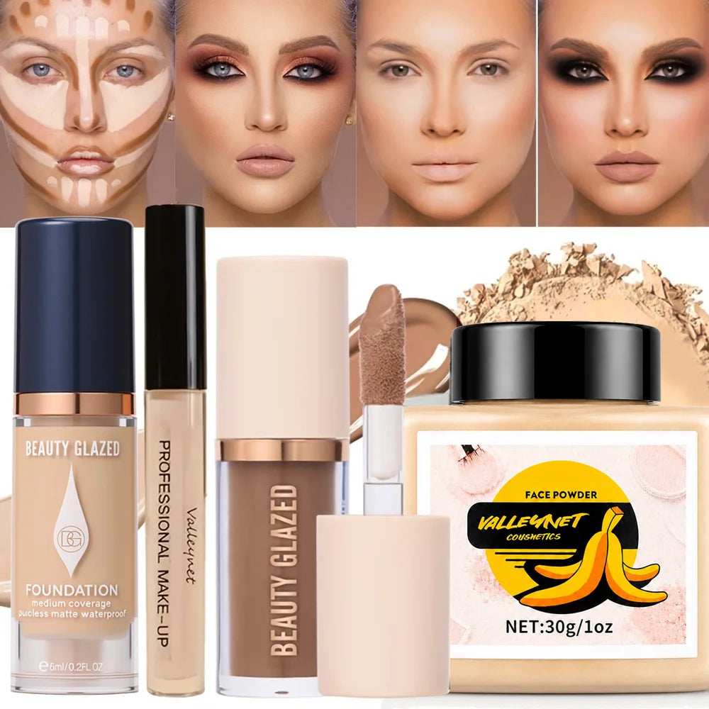 4-Piece Face Makeup Set | Foundation, Concealer, Contour & Powder Face Makeup Set QXL