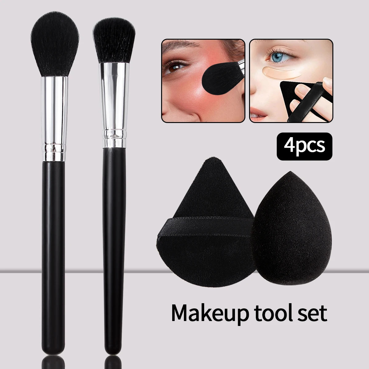KOSSHOW 4-Pc Flame Makeup Brush & Powder Puff Combo Set Makeup Brush Set QXL black