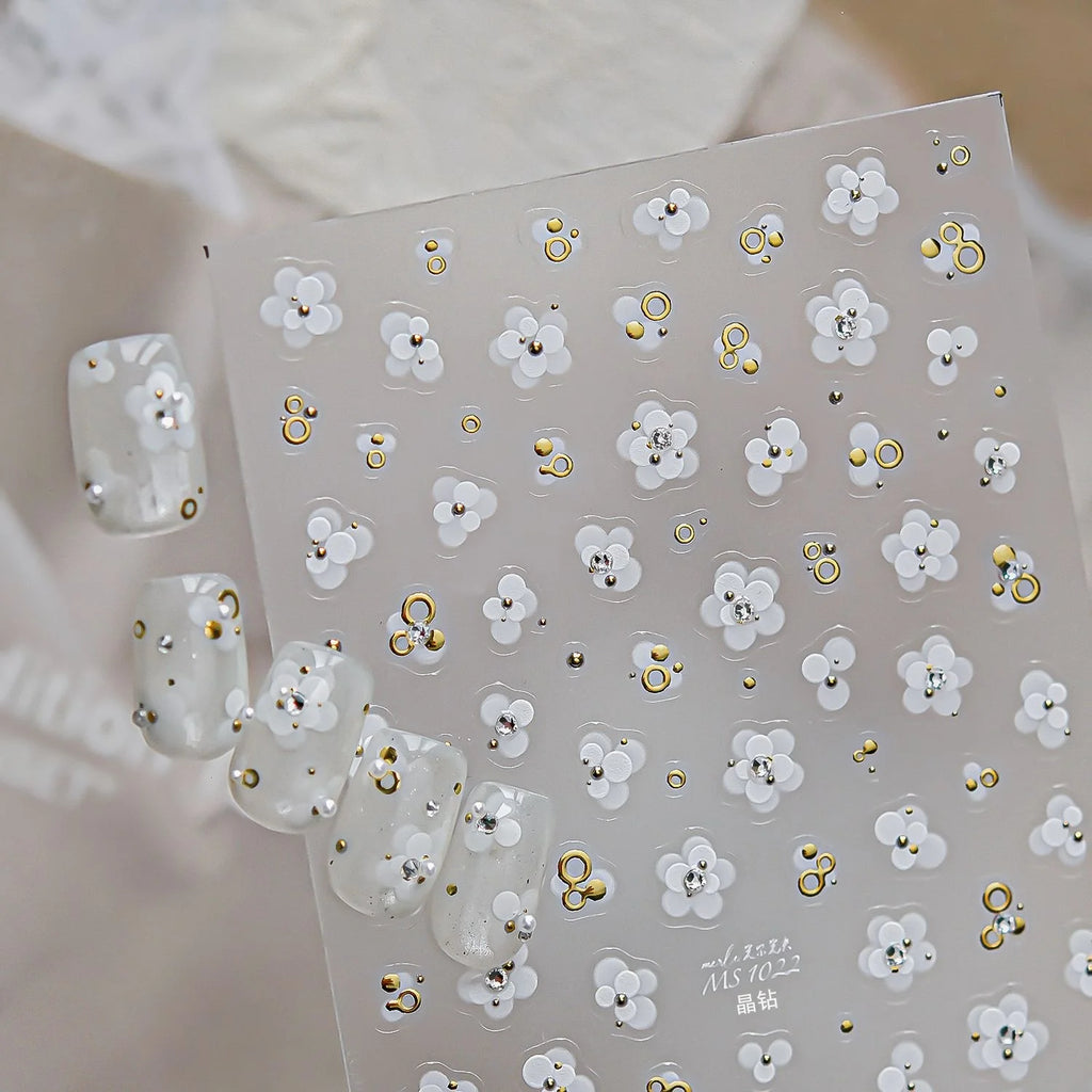 5D French Nail Stickers | Floral Gold Diamond Decals Nail Art Stickers QXL