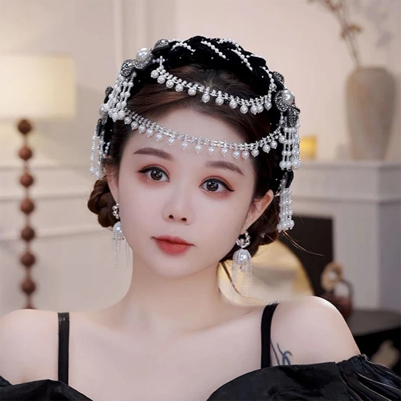 Bridal Flower Pearl Tassel Headband | Wedding Hair Hoop Bridal Hair Headband QXL