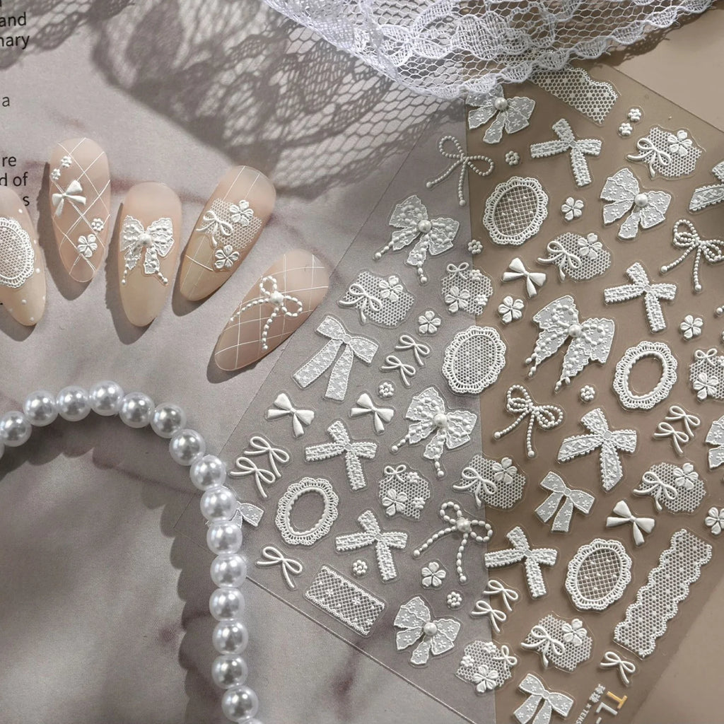 5D Lace Bow & Pearl Self-Adhesive Nail Stickers | Nail Decals Nail Art Stickers QXL