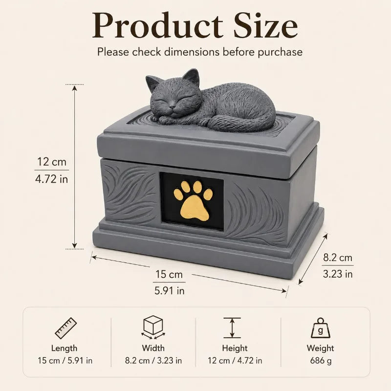 Resin Pet Memorial Urn Box | Sleeping Cat Lid & Gold Paw Pet Memorial Urn QXL