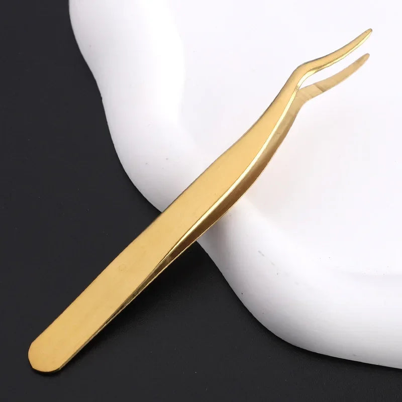 Stainless Steel False Eyelash Tweezers | Precision Lash Tool Eyelash Tweezers QXL M124 Gold