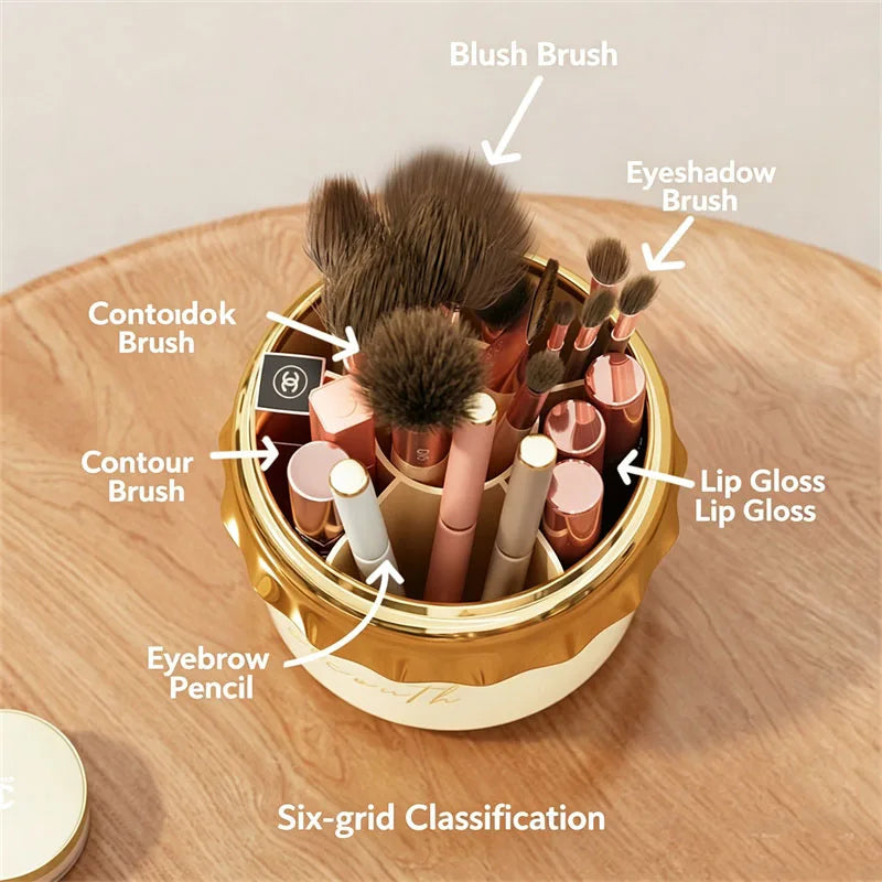 360° Rotating Makeup Brush Holder with Lid | 6-Grid Organizer Makeup Brush Organizer QXL