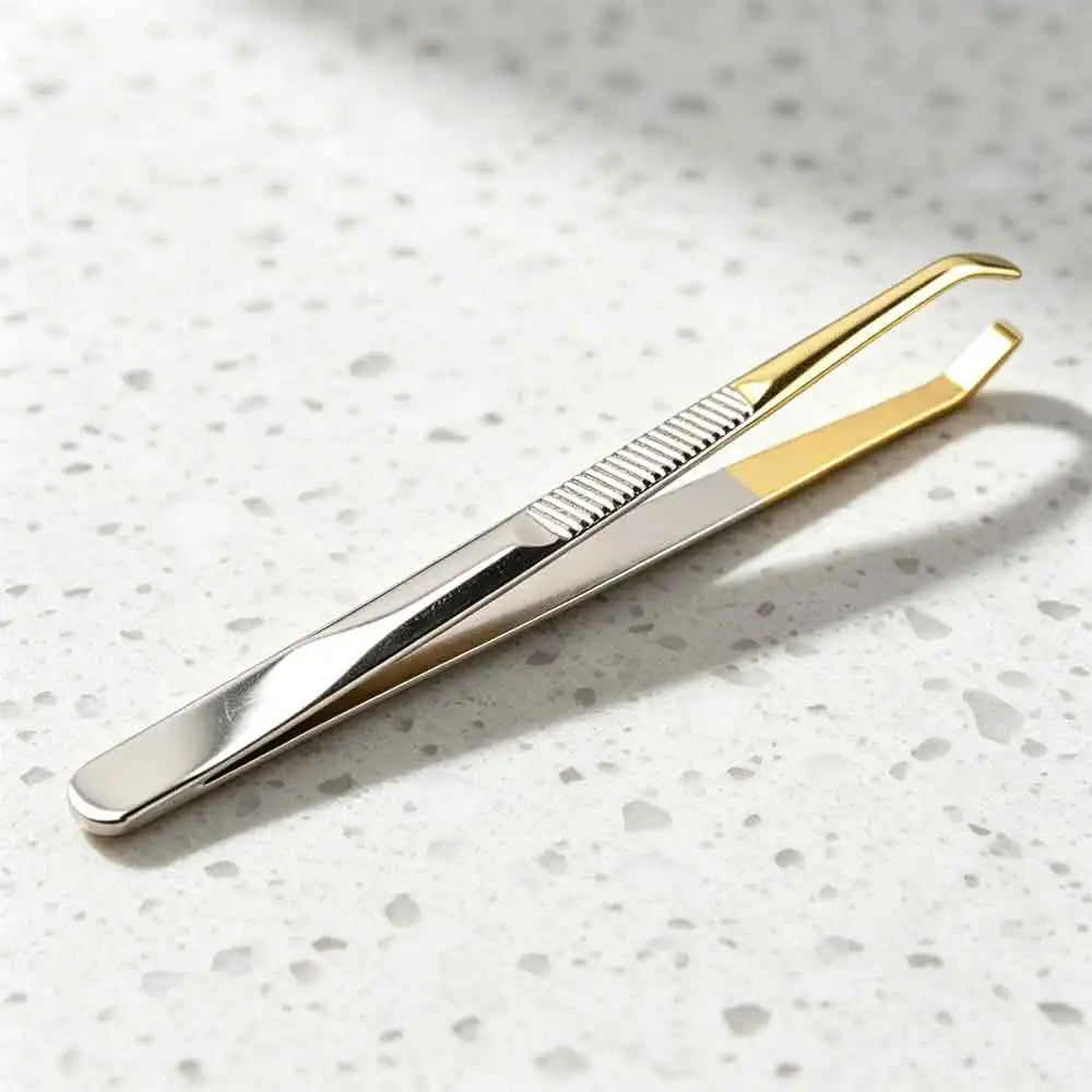 Curved Stainless Steel Eyebrow Tweezers | Half Gold Plated Eyebrow Tweezers QXL