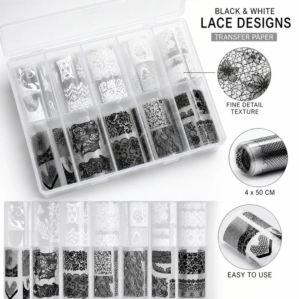 Lace Rose Nail Foil Stickers | Black & White Sequin Transfer Nail Foil Stickers QXL