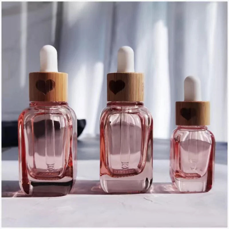 Pink Square Glass Dropper Bottle 10ml 30ml | Bamboo Cap Serum Glass Dropper Bottle QXL 10ml Pink heart