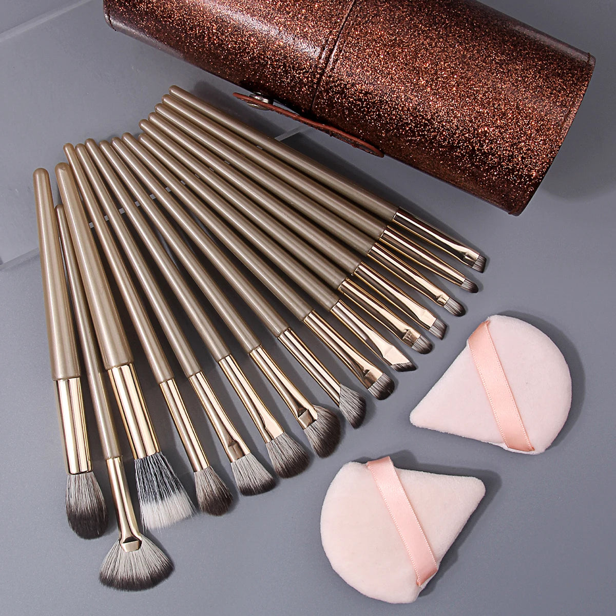 18-Pc Champagne Gold Makeup Brush Set | Glitter Bag & Puffs Makeup Brush Set QXL