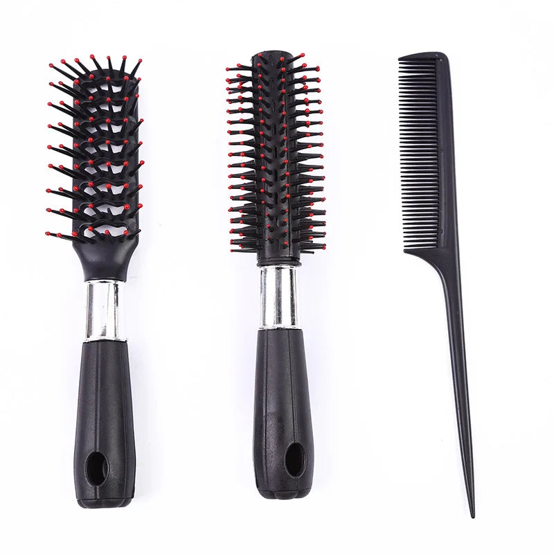 3-Piece Hairbrush & Comb Set | Round, Flat & Wide-Tooth Hair Brush Set QXL 3pcs