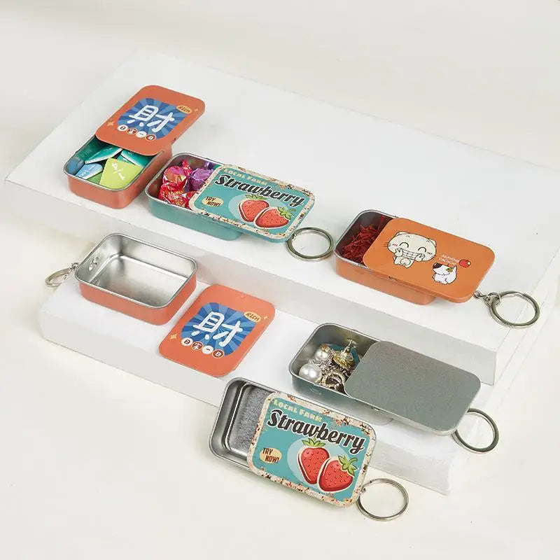 Slide Top Tin Box | Metal Storage Container with Keyring Slide Tin Storage Box QXL