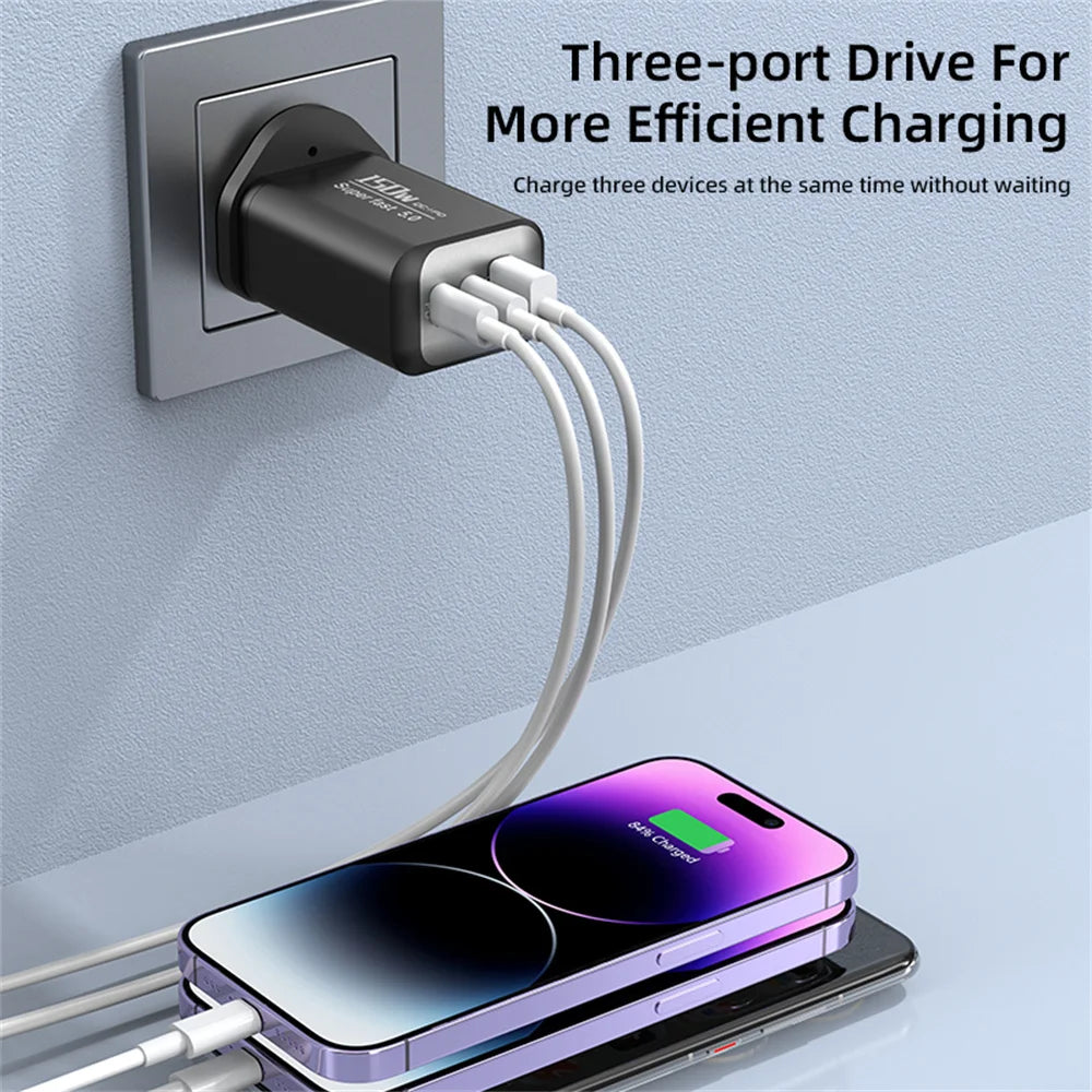 150W USB-C Fast Charger QC3.0 PD3.0 Multi-Port Wall Adapter USB-C Wall Charger QXL
