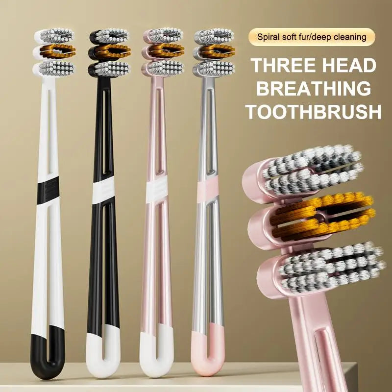 2-Pack 3-Head Toothbrush | Soft Bristle Whitening Deep Clean Manual Toothbrush QXL
