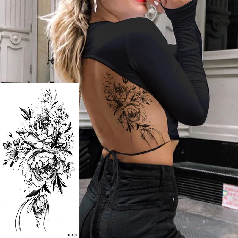 Large Black Floral Temporary Tattoo | Rose & Peony Water Transfer Temporary Tattoo Sticker QXL