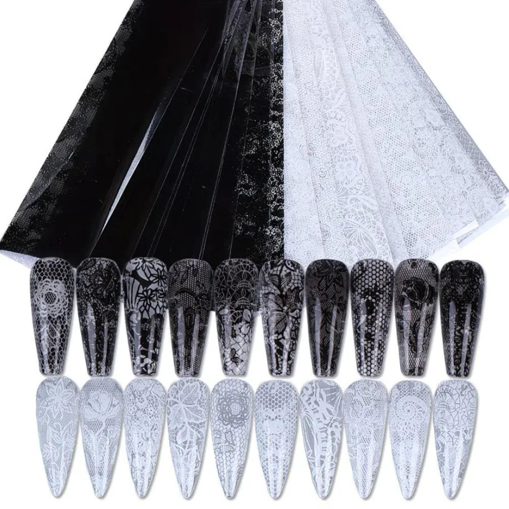 Holographic Lace Nail Foils | Black & White Sequin Nail Stickers Nail Art Foil Stickers QXL