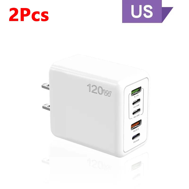 120W Multi-Port USB-C PD Wall Charger | Quick Charge 3.0 USB-C Wall Charger QXL 2Pcs White US