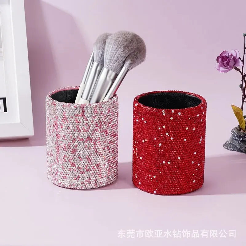 Diamond-Encrusted Round Makeup Brush Holder & Desk Organizer Desk Storage Organizer QXL