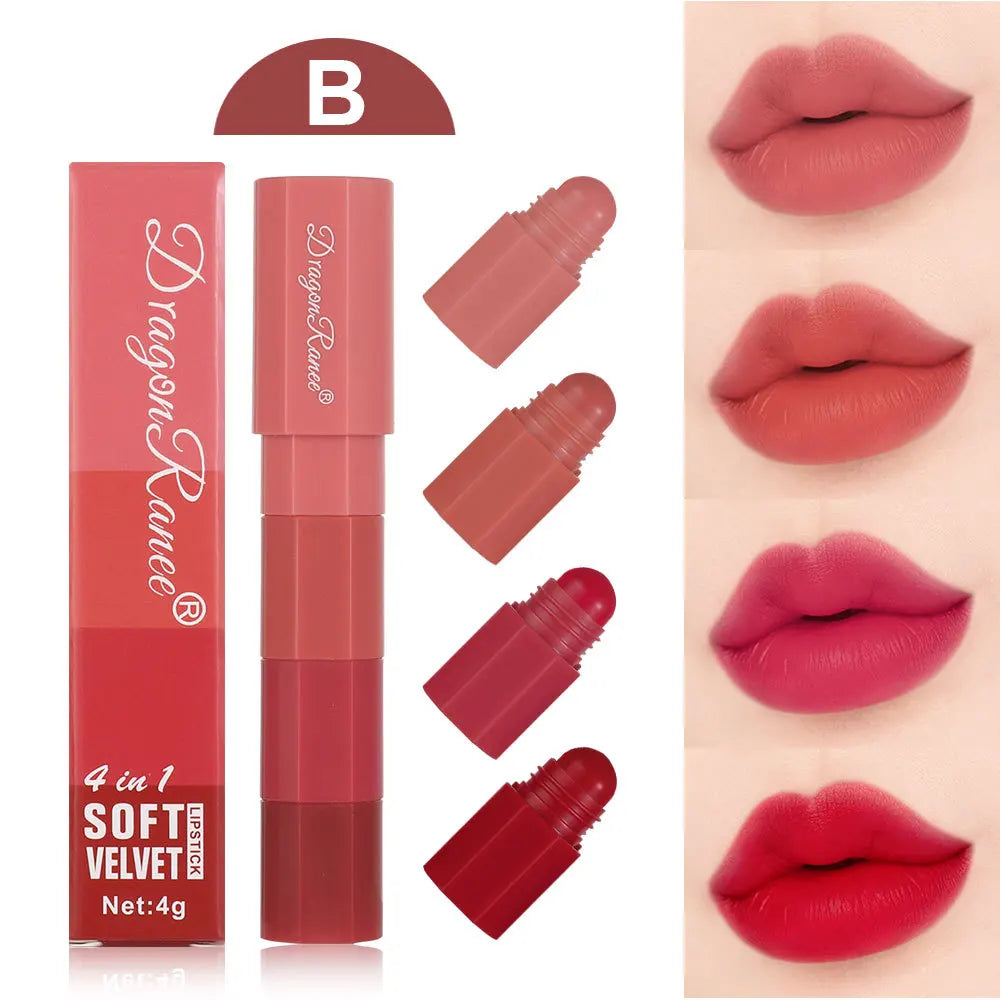 Dragon Ranee 4-in-1 Mini Matte Velvet Lipstick Set | Waterproof Matte Lipstick Set QXL B 4g Full Size