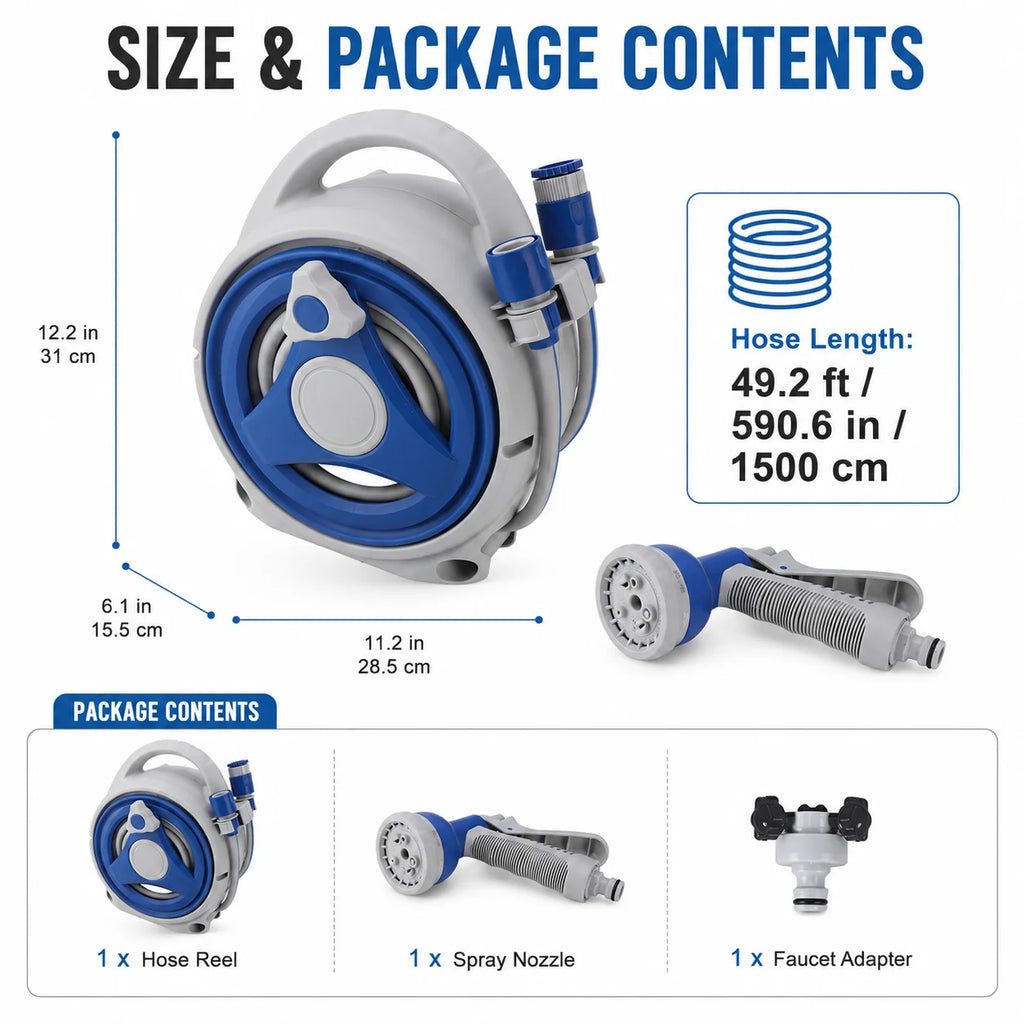 Portable Garden Hose Reel 15m | UV Resistant + Spray Nozzle Garden Hose Reel QXL