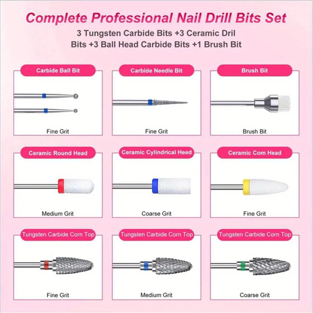 10-Pc Nail Drill Bits Set | Ceramic, Diamond & Carbide Nail Drill Bit Set QXL