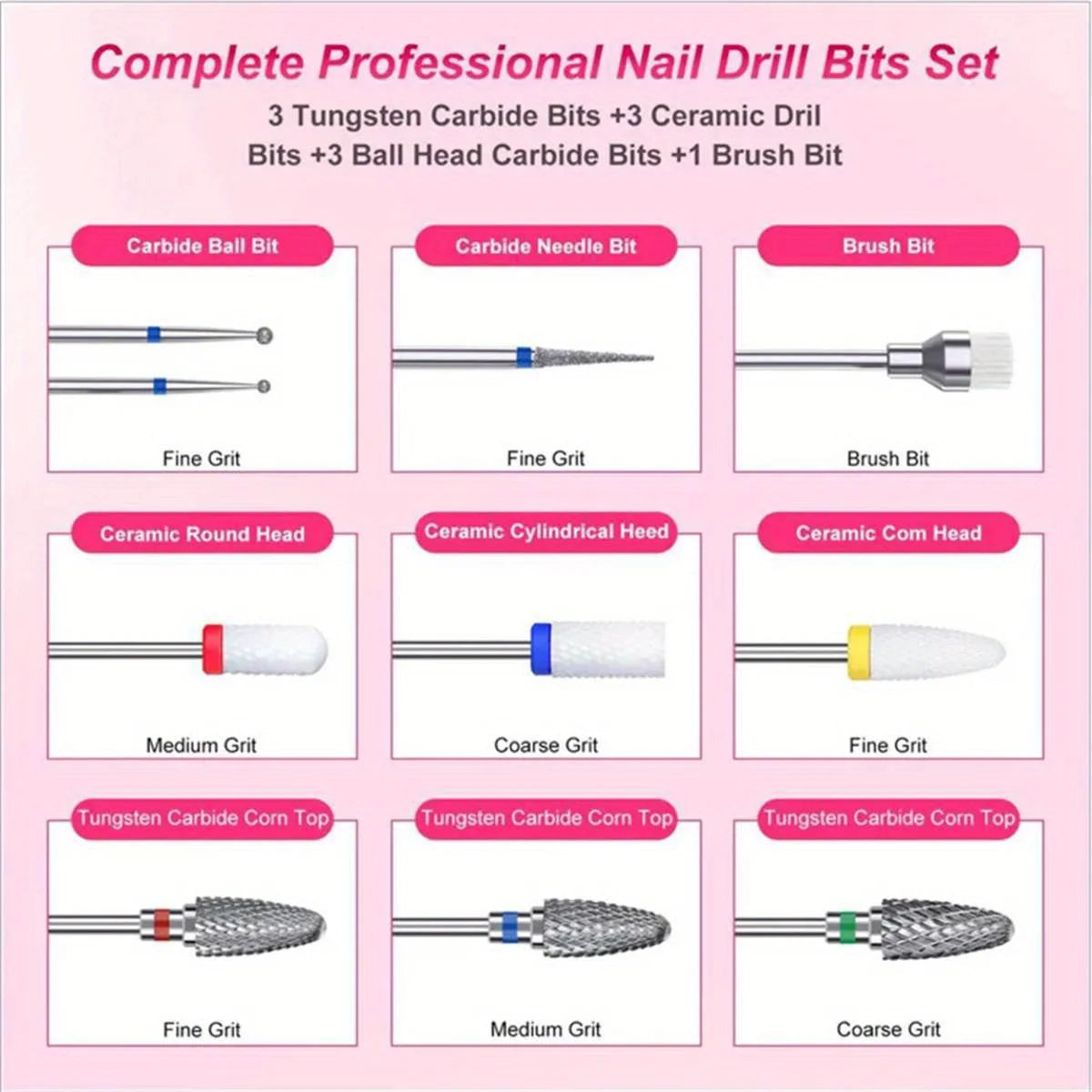 10-Pc Nail Drill Bits Set | Ceramic, Diamond & Carbide Nail Drill Bit Set QXL