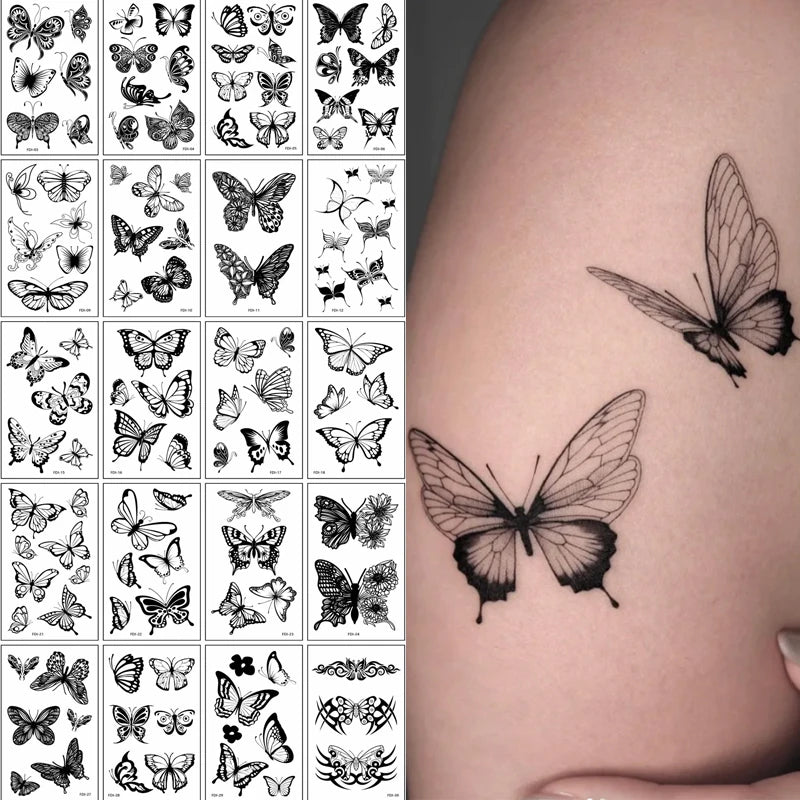 30-Pack 3D Black Butterfly Temporary Tattoos | Waterproof Temporary Tattoo Stickers QXL