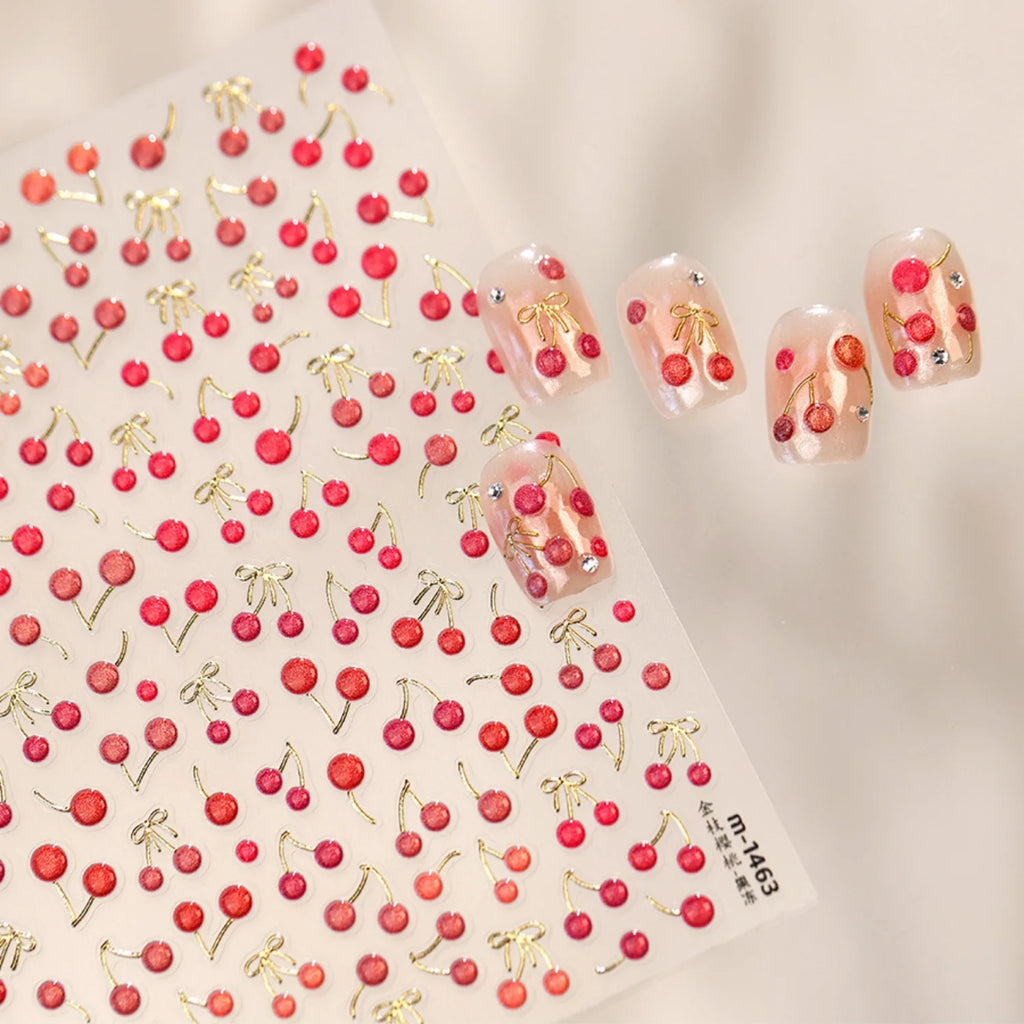 5D Vintage French Nail Stickers | Gold Cherry Bow Decals Nail Art Stickers QXL