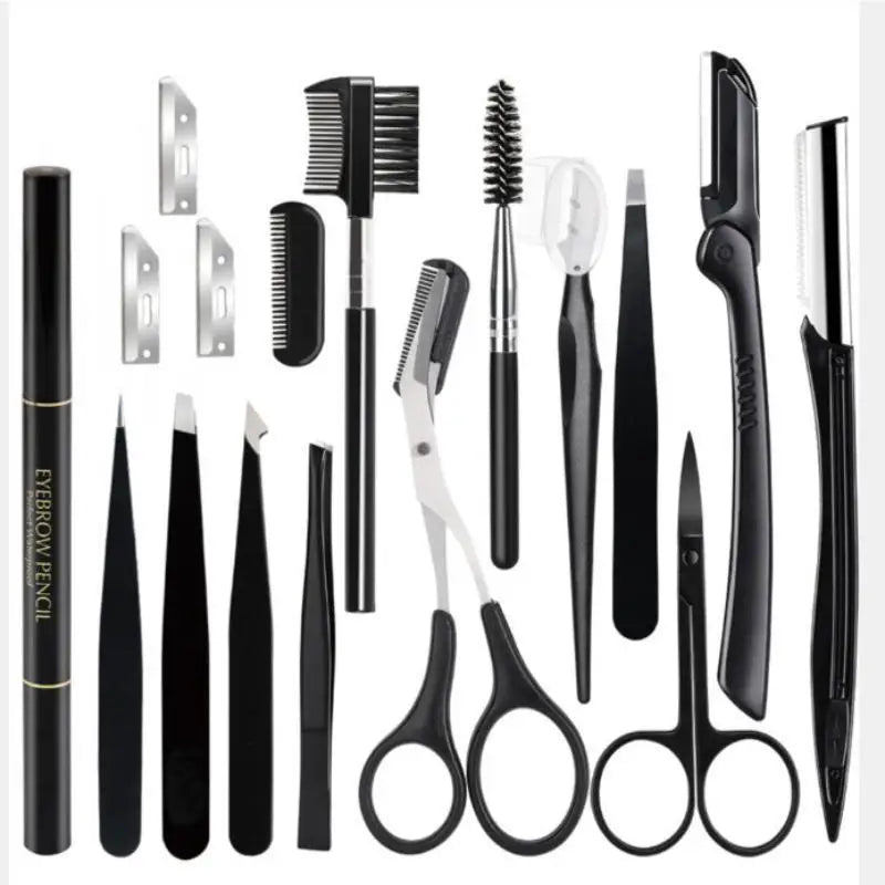 17-Pc Stainless Steel Eyebrow Grooming Kit with Carry Bag Eyebrow Grooming Kit QXL